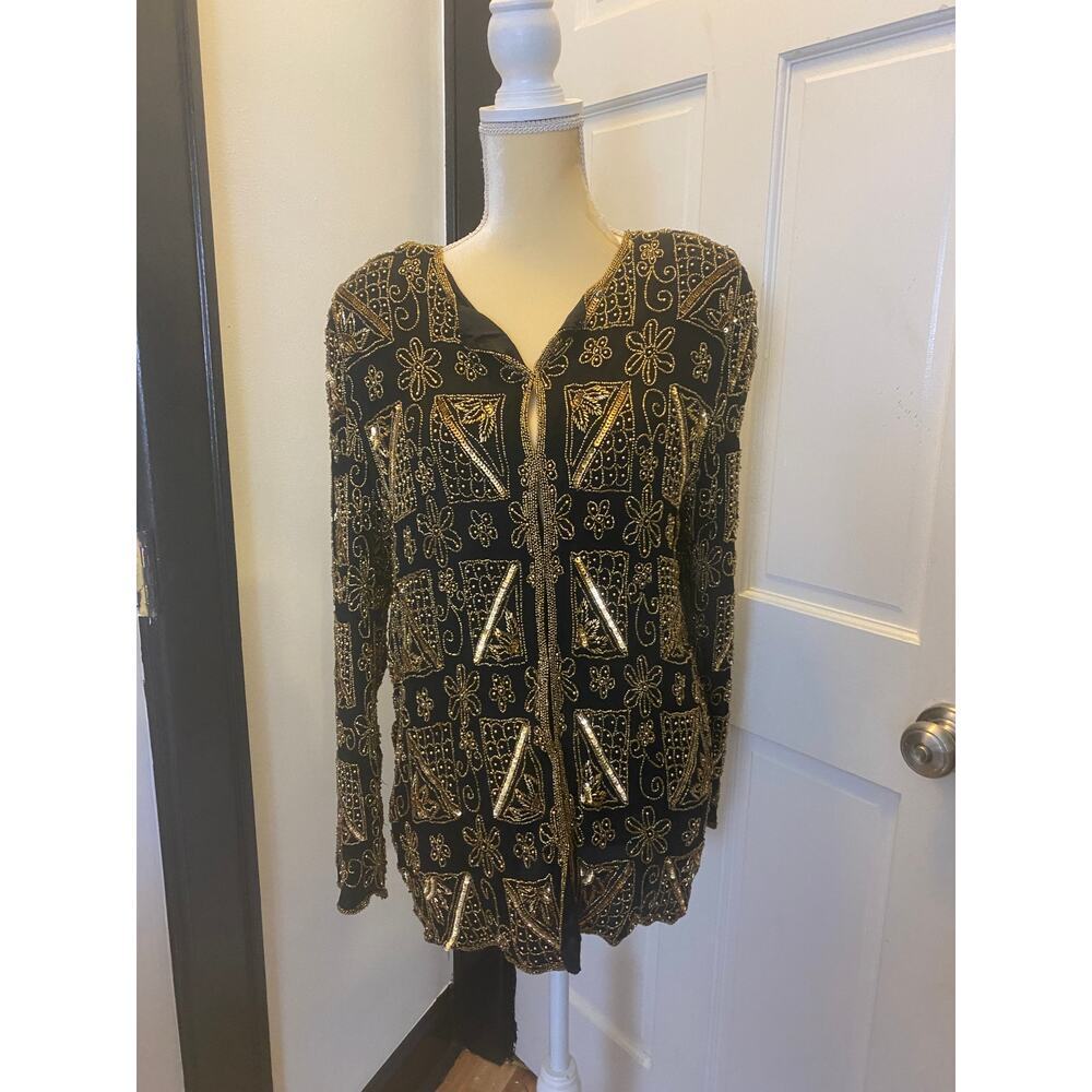 Vintage (circa 1983) Landmark 100% Silk Gold Beaded Jacket Made in India Size 2X